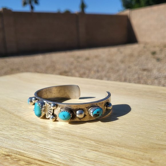 Vintage Native American 5 Stone Turquoise w/ Pyrite,  Handmade Cuff‎ Bracelet - Picture 12 of 14